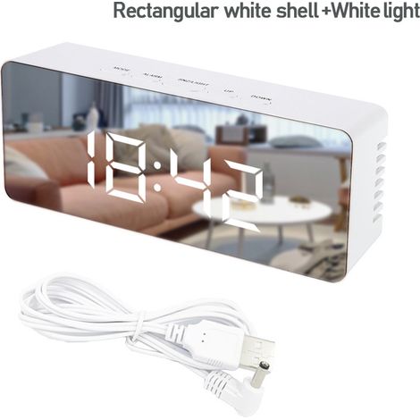 Elektronischer Wecker (einteilig) mit Kosmetikspiegel, Datumsanzeige, Temperaturanzeige, Schlummerfunktion, Kinderalarm, Schlafmodus und einstellbarer Helligkeit (weißes Gehäuse, weißes Licht) – 14 x (1/4)