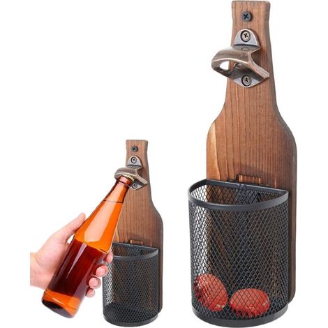 Ouvre-bouteille mural avec diffuseur - Ouvre-bouteille rétro en bois - Accessoires pour la bière - Durable et élégant - Décoration intérieure - Idéal pour le bar, la cuisine et comme cadeau pour les a (1/5)
