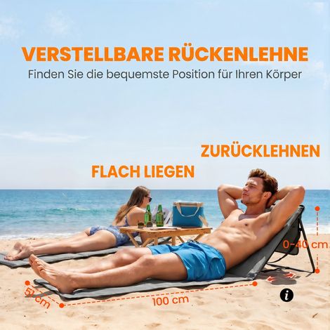 Chaise longue de plage pliante, dossier réglable, sangle de transport, rembourrage doux, cadre en acier, Gris, 142x51x40cm (1/5)