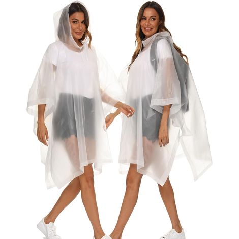 Lot de 2 ponchos de pluie réutilisables pour adultes – Imperméables robustes pour la survie et les situations d'urgence – Avec capuche à cordon de serrage – Blanc (1/3)