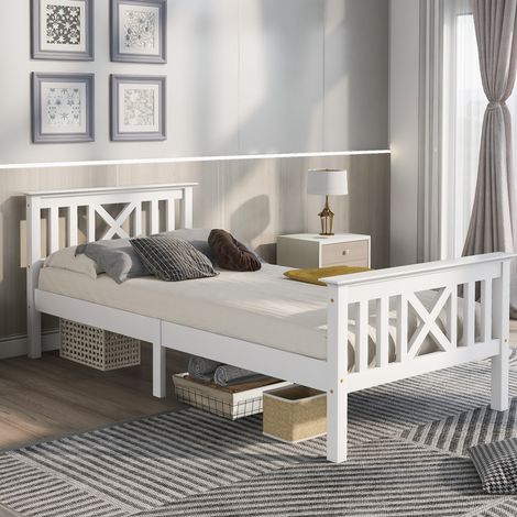 Letto singolo 90/200 cm bianco di legno massello con testiera a X e rete a doghe (1/5)