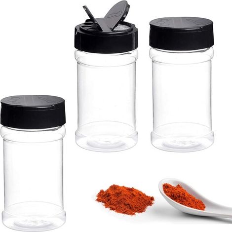 3 barattoli di plastica da 170 ml per spezie con coperchi neri, bottiglie vuote per spezie per conservare le spezie, K (1/5)