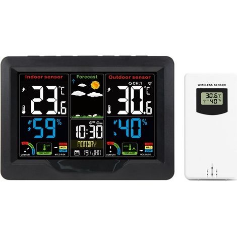 Kabellose Wetterstation Innen Außen mit Sensor, Thermometer mit Farbdisplay in 4 Helligkeitsstufen, DCF Funkwetterstation mit Uhrzeit, Temperatur, Luftfeuchtigkeit, Wettervorhersage, Kalender (1/5)