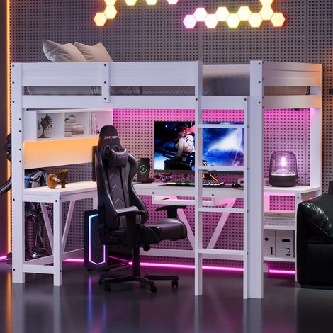 Lit mezzanine gaming 90x200 cm en MDF et pin blanc avec bureau, LED, prises et rangements (1/5)