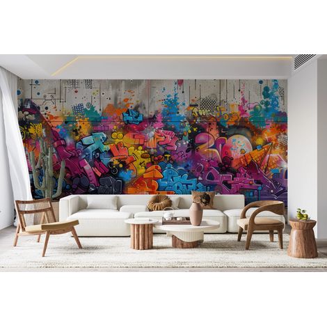 Papier peint graffiti - mur de briques et tags multicolores - 150 x 250 cm (1/2)