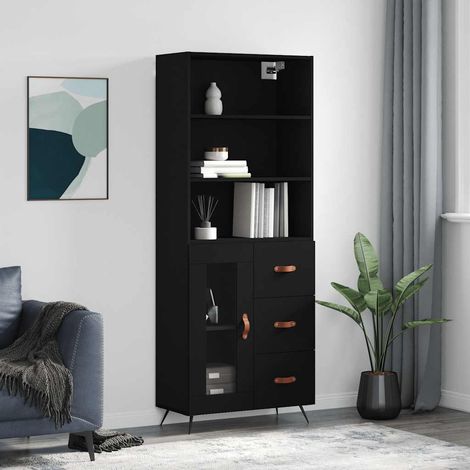 Buffet haut noir avec rangement, bois d’ingénierie et pieds en fer, 69,5 x 34 x 180 cm - PANGIVO (1/5)