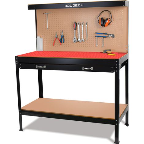 Boudech – Établi modulable en acier 120x60cm – 2 tiroirs et 2 étagères – Charge maximale 150kg – Parfait pour rangement d'outils