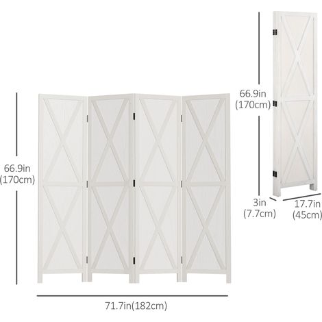 Cloison de séparation blanche à 4 panneaux, style ferme, avec cadre en bois pliable, 1,70 m (5,6 pi) - Organisateur de pièce et paravent (1/5)