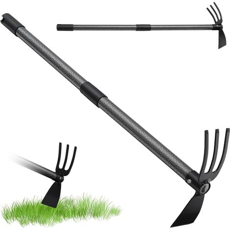 Pioche de jardin avec manche en acier inoxydable, 76 cm, double houe à 3 dents, en métal, accessoires de jardin pour desserrer, aérer et désherber le sol (1/5)