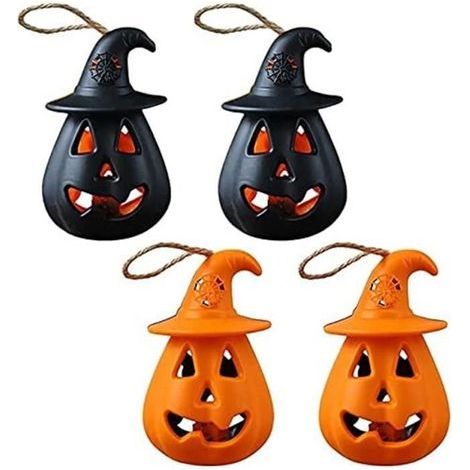 Luci a forma di zucca di Halloween - Halloween - 4 pezzi - Resina - Nero e Arancione - Decorazione per feste (1/4)