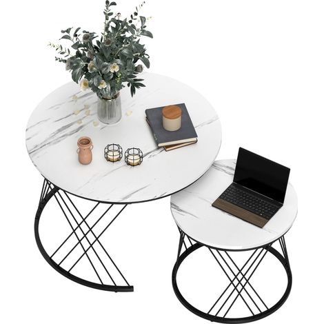 Couchtische im 2er-Set, Marmoroptik, Spanplatte, Metall, runde Kaffeetische für Wohnzimmer, ineinanderstellbar, Weiß (1/5)