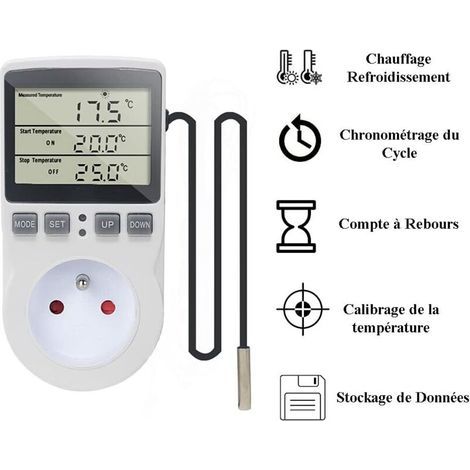 Prise Thermostat Numérique 220 V avec Sonde pour Chauffage et Refroidissement – Contrôleur LCD pour Réfrigérateur, Incubateur, Serre et Ventilateur (1/3)