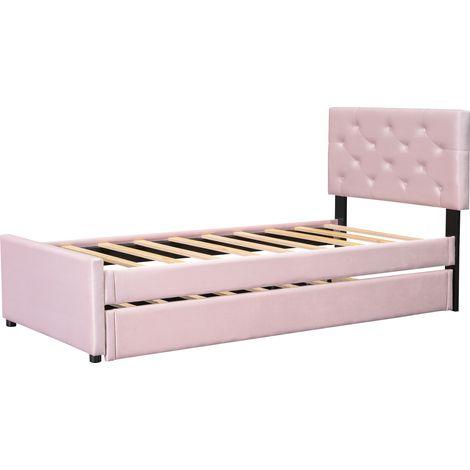 Cama tapizada 90x200 cm con somier de láminas y cama nido con ruedas en terciopelo rosa MODENUIT (1/5)