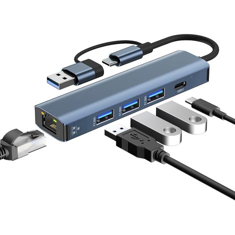 Adaptateur USB Ethernet 3 Ports USB3.0 et Type-C, 5 en 2 Hub USB C Adaptateur Gigabit RJ45 USBC pour iPhone 16 15 MacBook iPad Pro (1/5)