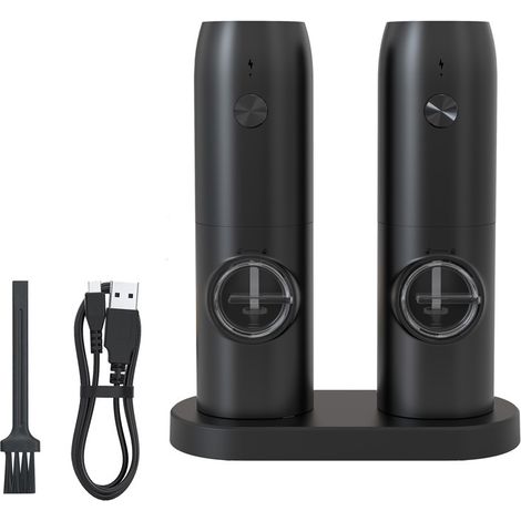 Juego universal de molinillos eléctricos de sal y pimienta con base - Molinillo automático de pimienta, grano ajustable - Tarros de especias recargables para cocina (juego de 2 piezas) (1/5)