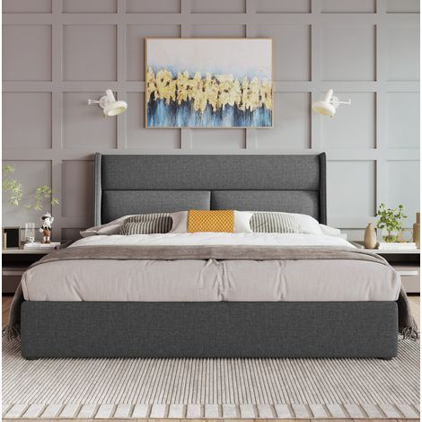 Letto con contenitore in tessuto di lino grigio 160x200 cm, testiera regolabile, rete a doghe in metallo (1/5)