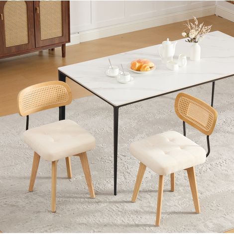 2er-Set Esszimmerstühle 360° drehbar aus beigem Chenille mit geflochtener Rattanlehne (1/5)