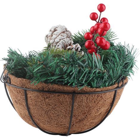 Artificial Hanging Christmas Basket with Mixed Decorations and White LED String Lights for Outdoor Use (1/5)