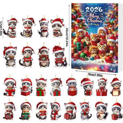Calendrier de l'Avent Chats 2026 - 24 adorables décorations suspendues en acrylique 2D représentant des chats festifs - Un calendrier de l'Avent de 24 jours pour décorer votre sapin de Noël et un cade (1/5)