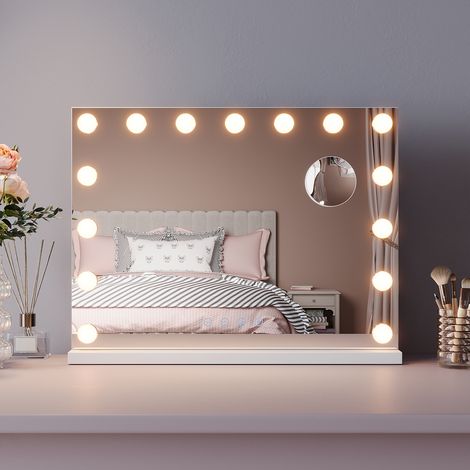 ELEGANT Hollywood Vanity Mirror 58x43cm with Music Speaker USB Charging Port Makeup Mirror with 15 LED Bulbs and 10X Magnifying Glass Touchscreen 3 Color Modes