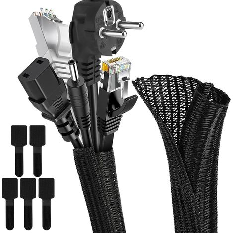 Manchon de Câble Gaine Bureau, 2 Mètre 19mm Extensible Gaine Range Cable, Réglable Gaines Câble Tressée, Souple Ajustable Gestion de Cable en Pet pour Câbles Automobiles/PC/Télé/USB/Audio, Noir (1/5)
