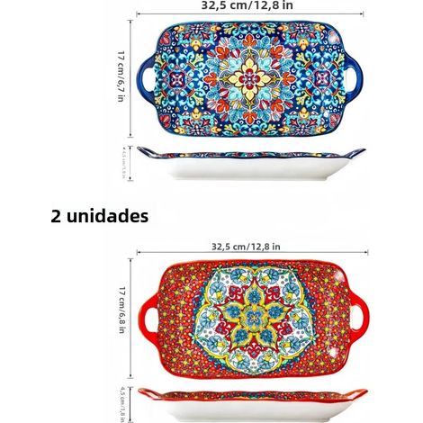 (Une rouge et une bleue) Assiette plate rectangulaire en céramique de style bohème en forme de poisson, 12,8 pouces, chauffante. (1/5)