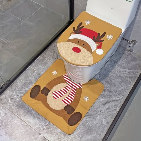 Set De Couvre-Wc Et Tapis De Salle De Bains De Noël - Flanelle - Motifs Père Noël Renne Arbre Étoiles - 42x36 Cm Et 54x54 Cm - 1 Set (1/4)