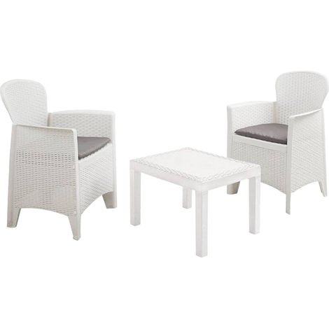 Dmora - Set salotto da esterno Anny, Set da giardino, Salottino effetto rattan, 100% Made in Italy, 2 poltrone e 1 tavolino, Bianco (1/3)