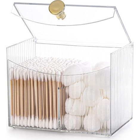 Caja organizadora para discos desmaquillantes baño tocador tapa, color blanco transparente, Organizador bastoncillos discos algodón, 13,5 x 10 cm (1/5)