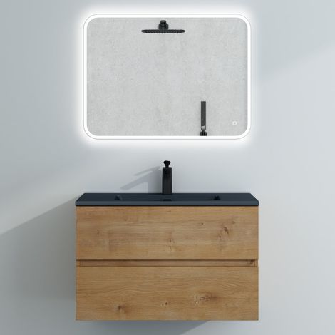 Mai & Mai Badmöbel-Set Waschtisch mit Unterschrank Mineralguss Waschbecken in Anthrazit Waschbeckenunterschrank 80x48x50cm Kerneiche 2-Schubladen Soft-Close inkl. LED-Spiegel Aqualis (1/5)