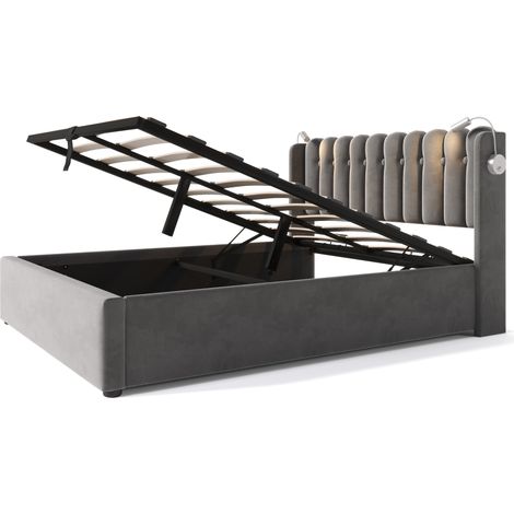 Polsterbett Doppelbett, USB, Leselicht und Stauraum 160×200 cm, ohne Matratze, aus Samt, Grau (1/5)
