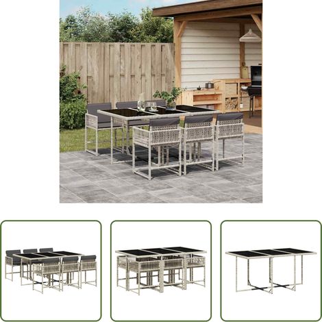 vidaXL Gartenstuhl -  7-tlg. Garten-Essgruppe mit Kissen Hellgrau Poly Rattan (1/5)