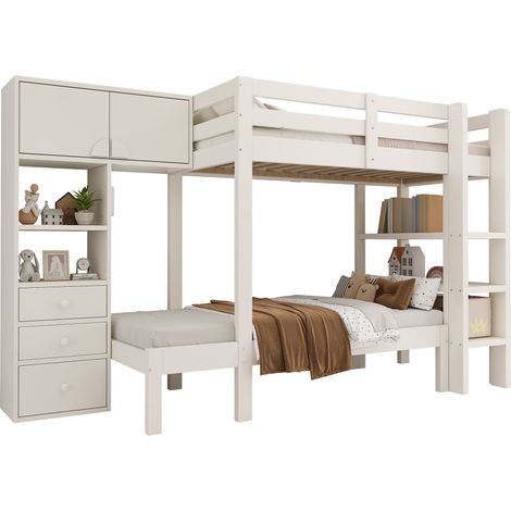 Lit superposé 90x200 cm avec veilleuse intelligente, design décalé avec armoire, étagère et tiroirs, grand espace de rangement, blanc, norme EN747-1:2024 (1/5)