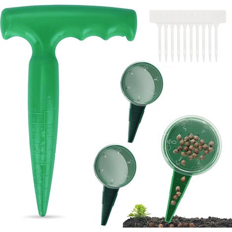 Jardinière - 5 pièces - Outils de jardin - 3 semoirs - 1 perforatrice - 10 étiquettes pour plantes - Jardinière avec poignée - Graines d'oignons - Forme en T - Creuser des trous facilement - Convient (1/5)
