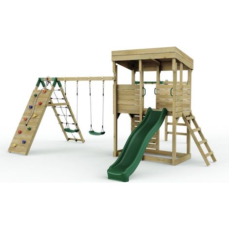 XL Lookout Tower Playhouse with Double Swing and Monkey Bars plus Climbing Wall plus Slide