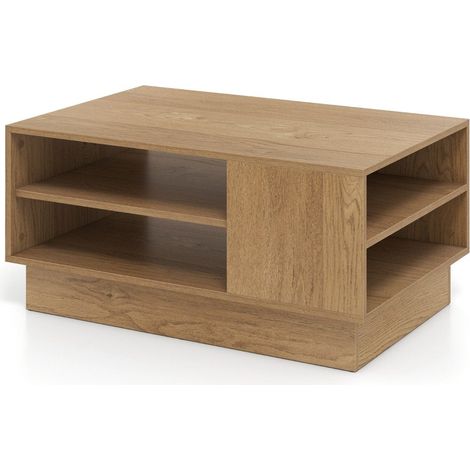 Couchtisch aus holz mit stauraum und offenen regalen