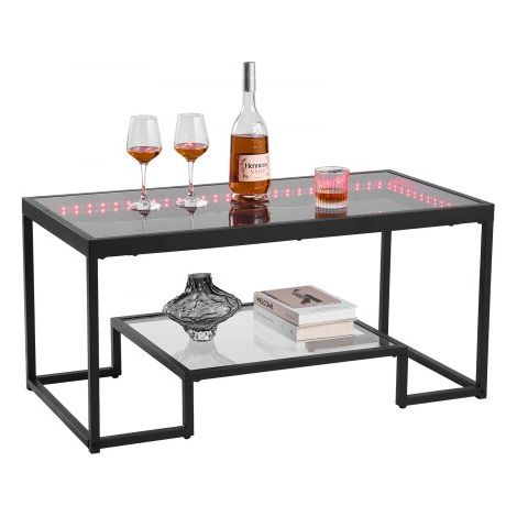 Mesa Auxiliar de Cristal Templado con Iluminación, Rectangular, con Dos Niveles y Espacio de Almacenamiento Abierto, Estilo Industrial Moderno, para Salón u Oficina, 100 x 51 x 48 cm, Negro (1/5)