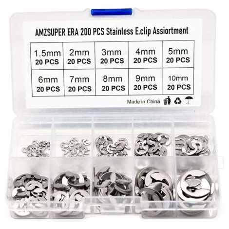 QORVA-200Pcs E Clip Anneau 304 Inox Circlips Exterieur Assortiment De Circlips 1.5/2/3/4/5/6/7/8/9/10Mm Divers Usages (1/5)