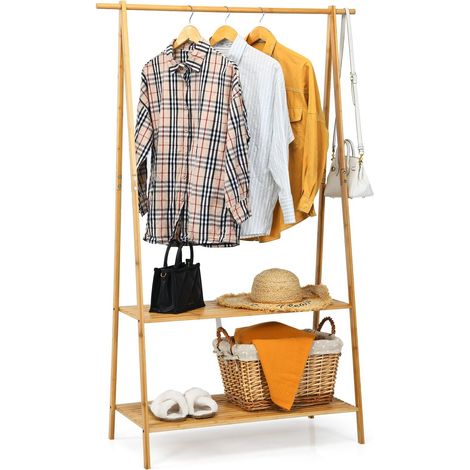 Bamboo Garment Rack Freestanding Clothes Rail Stand 2 Storage Shelves Anti-tip (1/5)