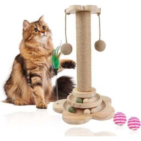 Tiragraffi per gatti, 40 cm con pallina e piuma pendenti, gioco 5 in 1 con corda di sisal, per gatti e gattini da interno.