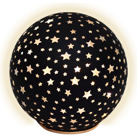 LED Weihnachts Glaskugel Sterne zum Stellen schwarz mit Timer - 15 cm - Dekokugel Aufsteller warm weiß beleuchtet Batterie betrieben - Kugel Advent Winter Stimmungslicht Decoration edel elegant