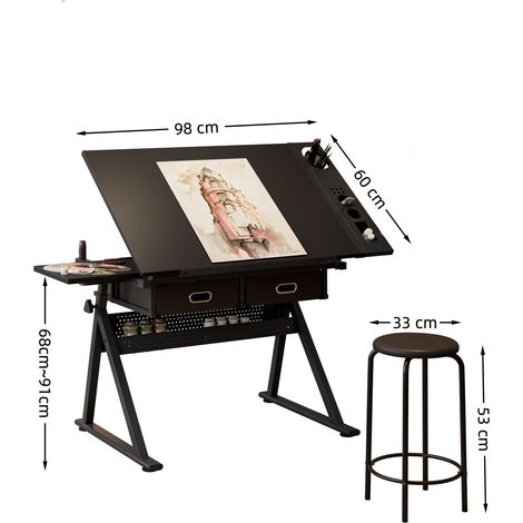 Table à dessin ajustable: bureau à dessin avec 2 tiroirs pour le bureau à domicile et l'école avec tabouret (1/4)