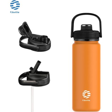 Bouteille d'eau isotherme en acier inoxydable (orange, 1200 ml) avec poignée, bouchon et paille. (1/3)