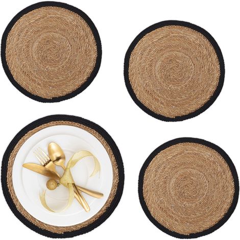 Relaxdays 4 Salvamanteles, para Mesa de Comedor, Jacinto de Agua, Manteles Individuales, Redondos, 37cm Ø, Natural/Negro