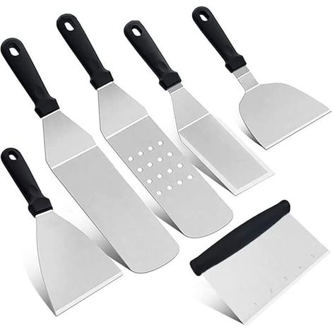 6-teiliges Edelstahl-Spatelset – zum Grillen, für Pfannen, Teppanyaki, Camping, Kochen, robuste Küchenutensilien (1/4)