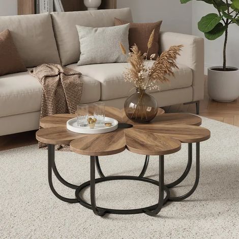 Table Basse moderne, 100x 100x50cm, en Bois en Forme de Fleur et Cadre en Métal, pour Salon, Chambre à Coucher
