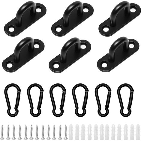 6 Sets Plaque à Oeillet en Acier Inoxydable avec Mousquetons, Kit de Fixation Murale et Plafond avec Vis et Chevilles en Plastique pour Lustre, Parasol