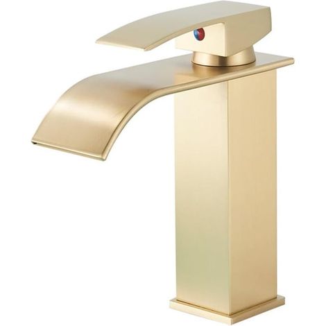Grifo monomando de lavabo con efecto cascada color oro, mezclador de agua fría/caliente para montaje en encimera. (1/5)