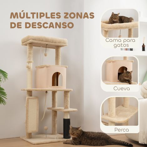 132 cm hoher Katzenbaum mit Plattformen, Bürstenstamm, Hängebällen und Kratzmatte. Beige (1/5)