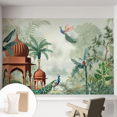 Papier peint intissé mural pour salon chambre à coucher tendance et originale - Colle incluse gratuite Jardins de paons 152x104 cm (1/5)